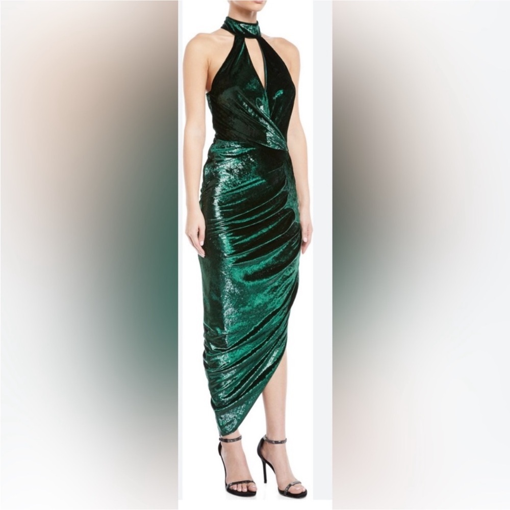 MILLY Dress Gown Asymmetrical Velvet 
Ruched Halter Emerald Green Dress size 10